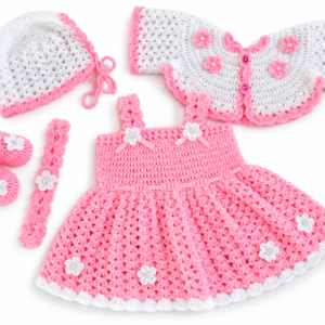 රෝස පැහැති Pink Crochet Baby Frock Set for girl