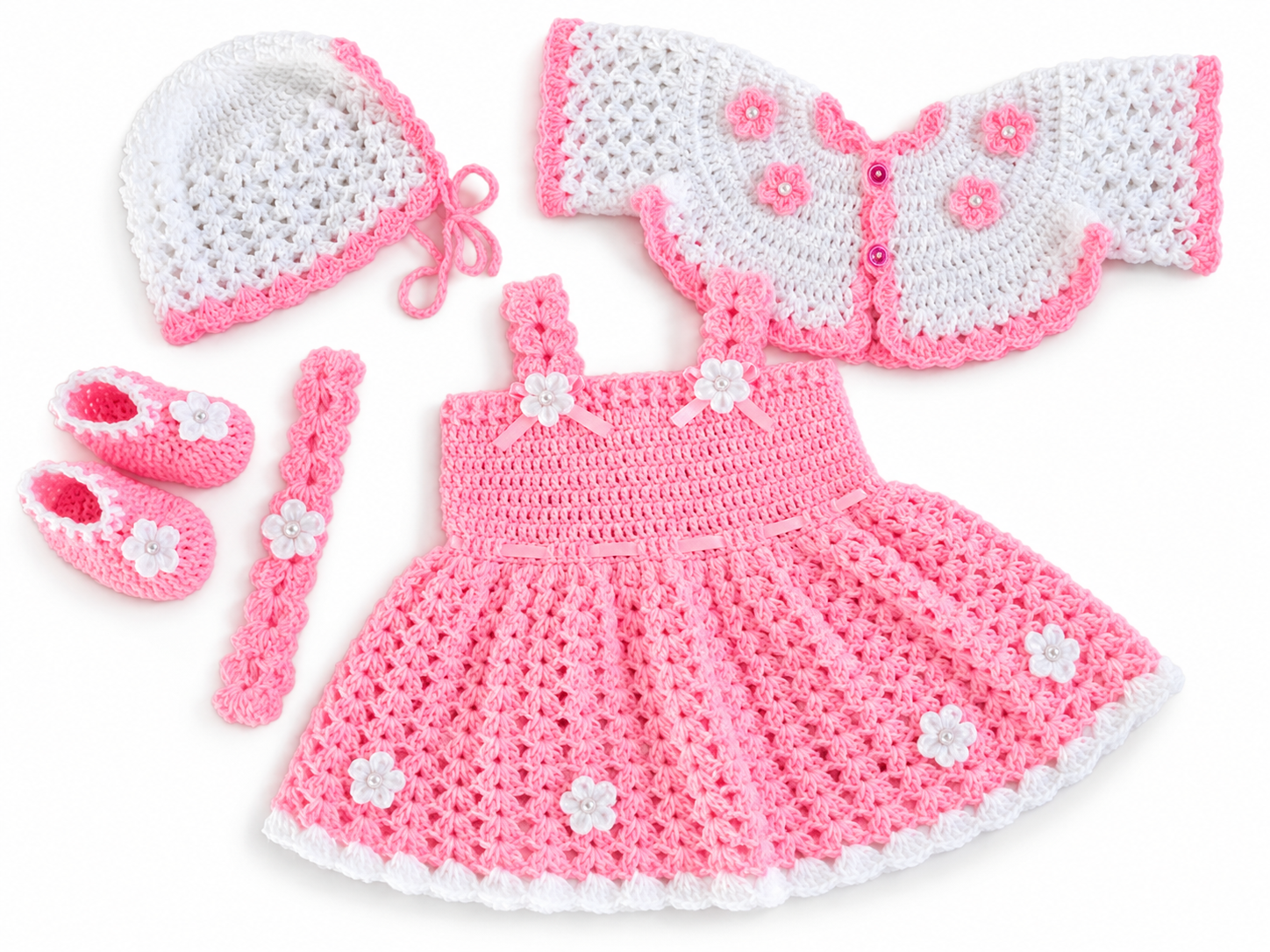 රෝස පැහැති Pink Crochet Baby Frock Set for girl