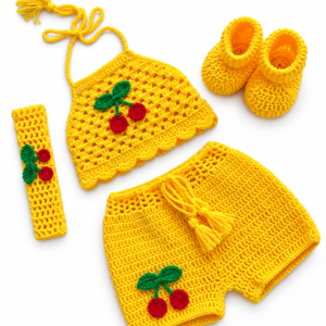Handmade Yellow Cherry Crochet Baby Outfit Set